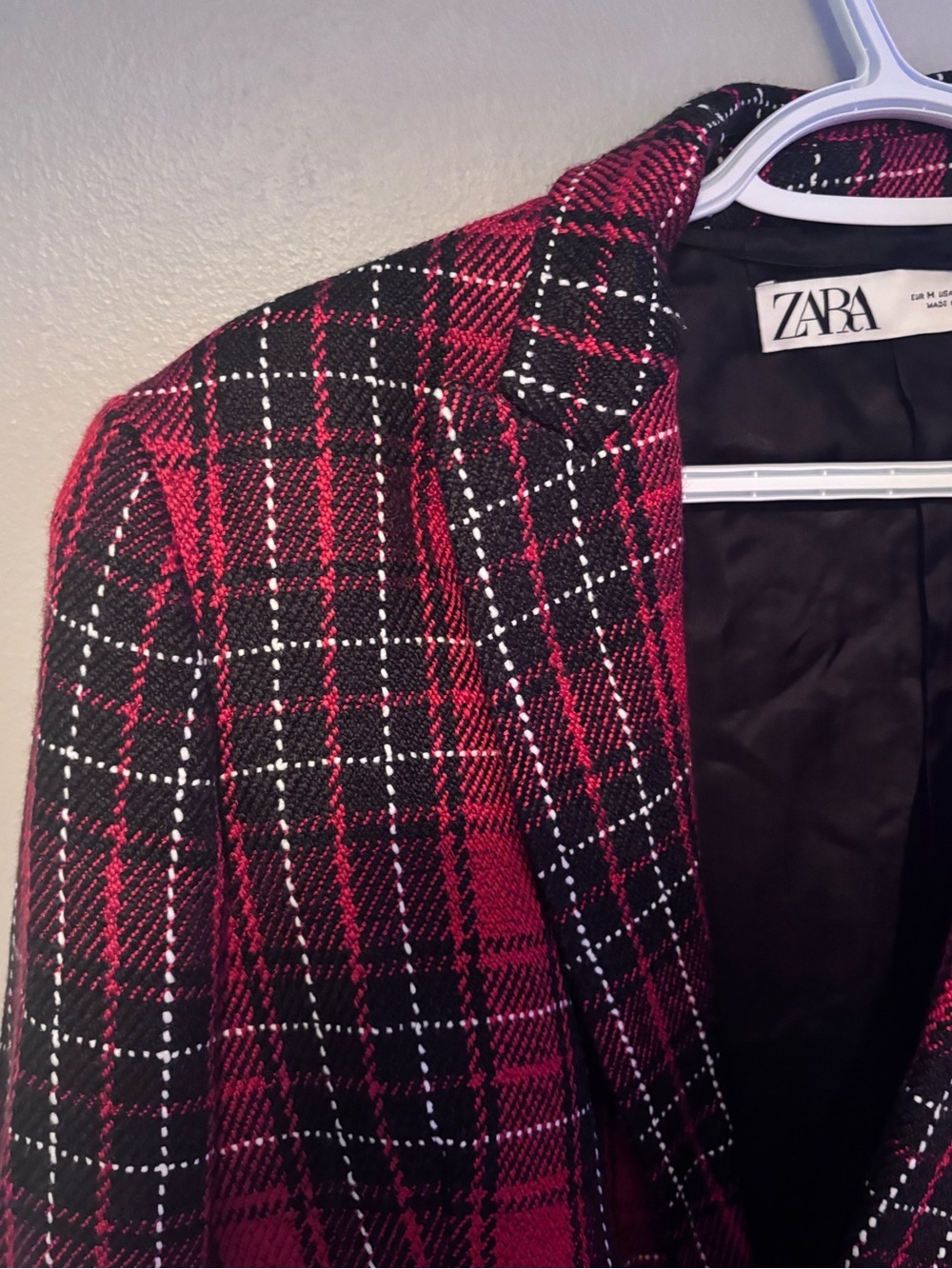 Zara Red Black Tartan Plaid Tweed Double Breasted Blazer Jacket Size Medium - Picture 7 of 12